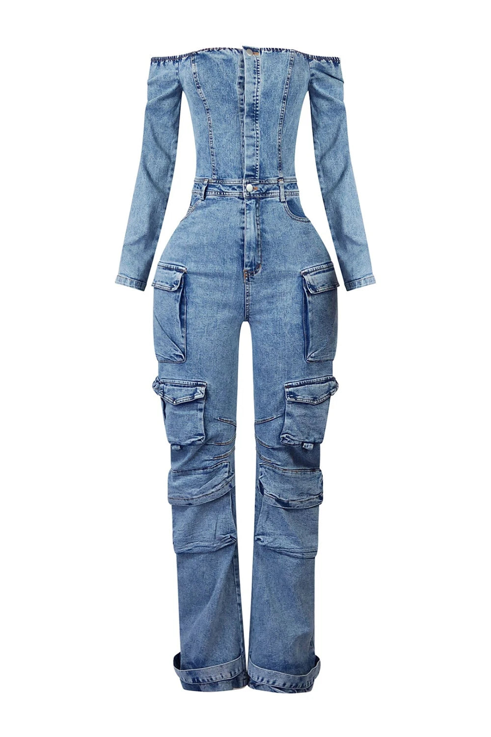 Plus Size Daily Blue Off The Shoulder Long Sleeve Pocket Cargo Denim Jumpsuits