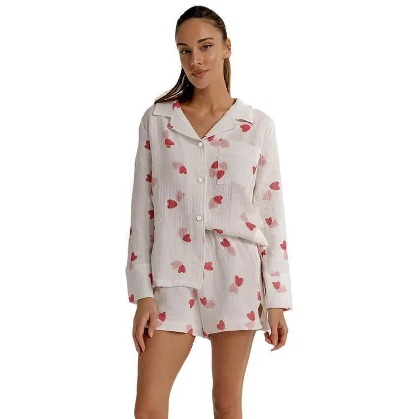 Trending Product  100% Cotton Pajamas Women Long Sleeve Shorts Fashion Set