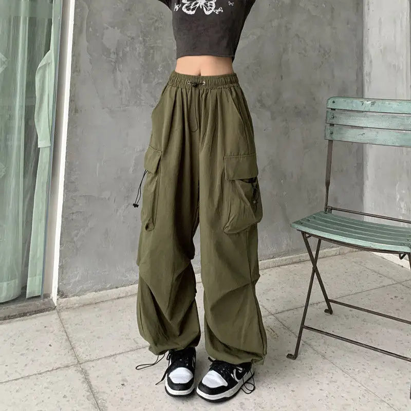 Women's New American Hip-Hop Straight Wide-Leg High-Waisted Large Pockets Drawstring Work Pants High Street Casual Sports Pants