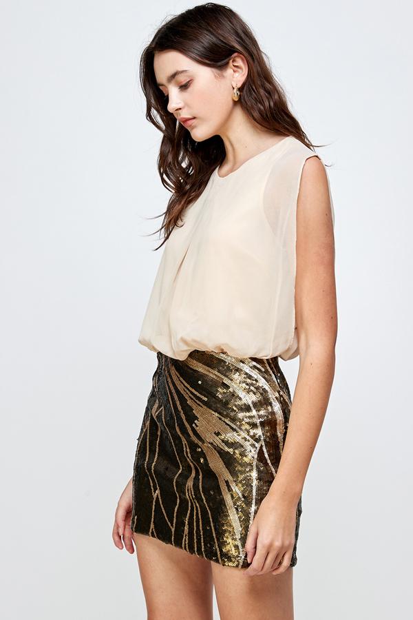 Sequin Skirt with Sleeveless Blouson Dress – Glamorous Party Look