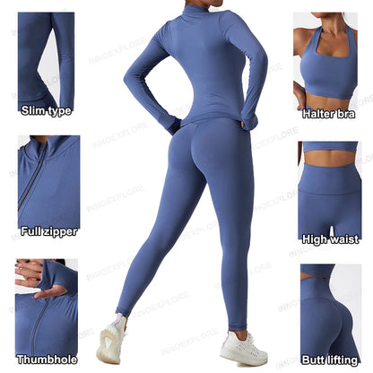 Women Gym Set Full Zip Long Sleeve Jacket Workout Yoga Running Leggings Sports Bra Stretch Women Fitness Outfit Women Activewear