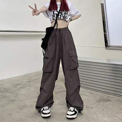 Women's New American Hip-Hop Straight Wide-Leg High-Waisted Large Pockets Drawstring Work Pants High Street Casual Sports Pants