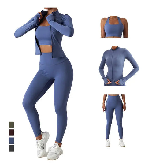 Women Gym Set Full Zip Long Sleeve Jacket Workout Yoga Running Leggings Sports Bra Stretch Women Fitness Outfit Women Activewear