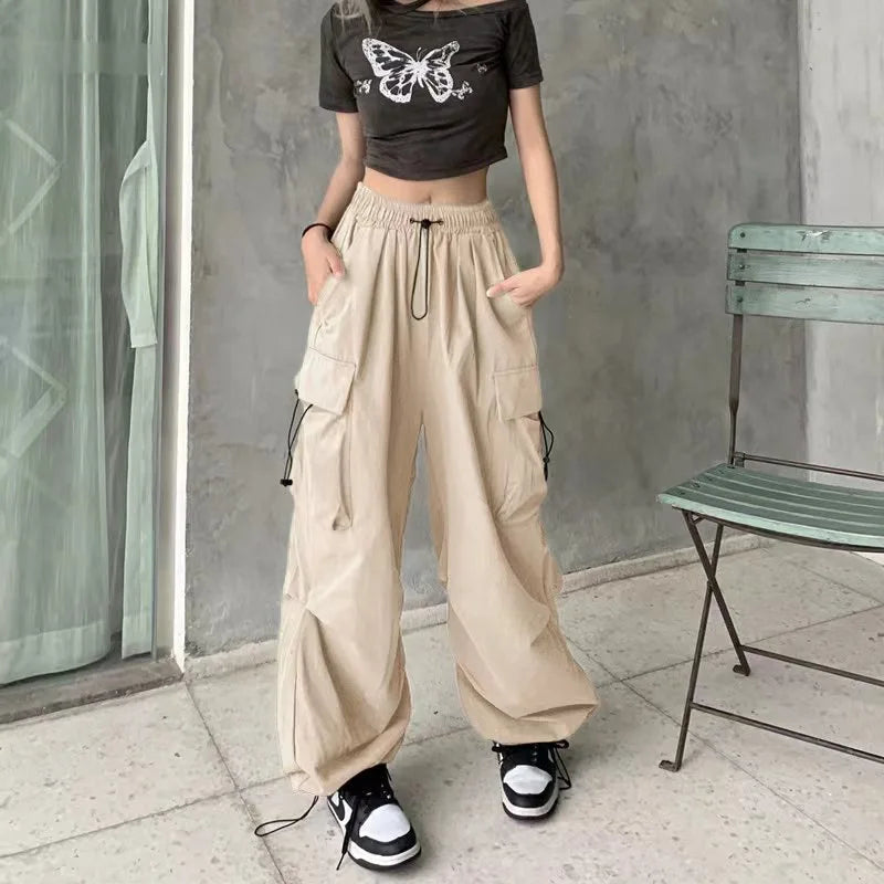 Women's New American Hip-Hop Straight Wide-Leg High-Waisted Large Pockets Drawstring Work Pants High Street Casual Sports Pants