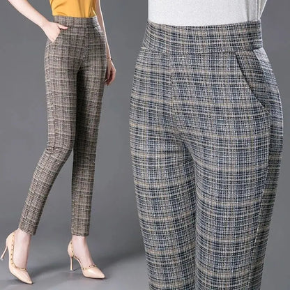 Office Lady Slim Plaid Pencil Pants Woman Korean Fashion Vintage Spring Autumn Streetwear New High Waist Casual Suits Trousers