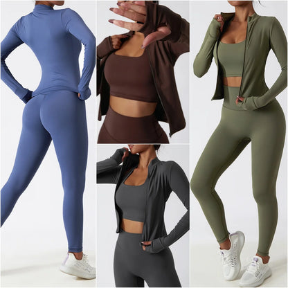 Women Gym Set Full Zip Long Sleeve Jacket Workout Yoga Running Leggings Sports Bra Stretch Women Fitness Outfit Women Activewear