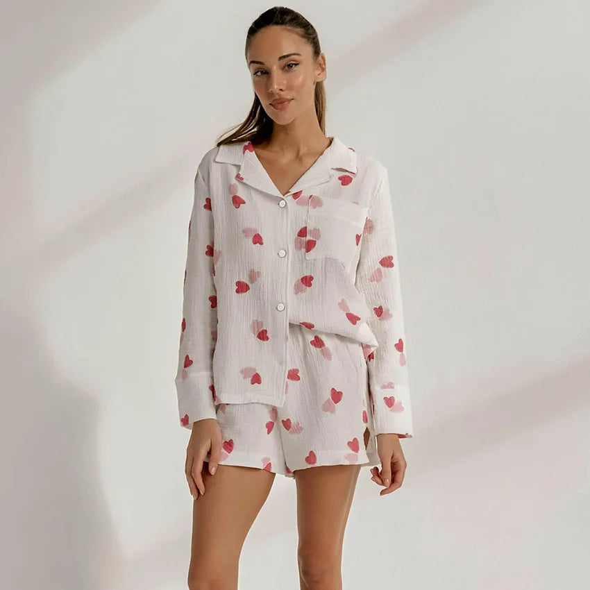 Trending Product  100% Cotton Pajamas Women Long Sleeve Shorts Fashion Set