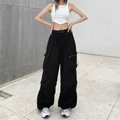 Women's New American Hip-Hop Straight Wide-Leg High-Waisted Large Pockets Drawstring Work Pants High Street Casual Sports Pants