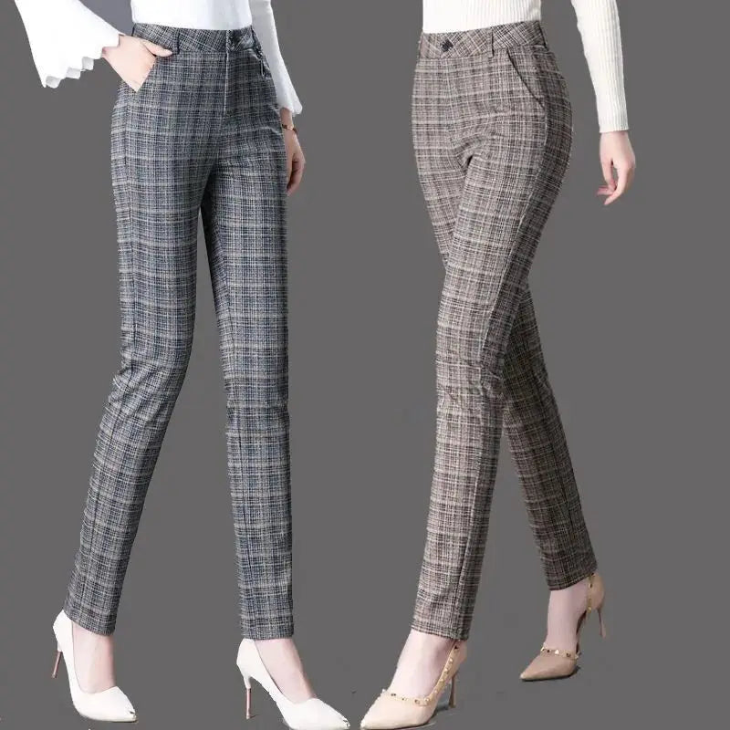 Office Lady Slim Plaid Pencil Pants Woman Korean Fashion Vintage Spring Autumn Streetwear New High Waist Casual Suits Trousers