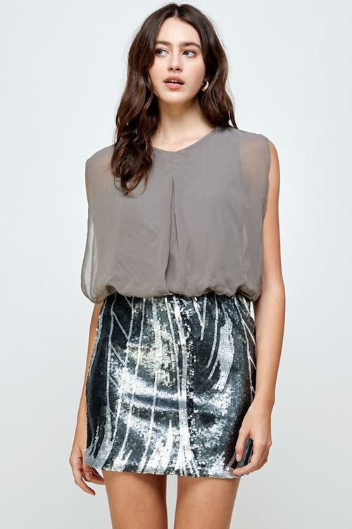 Sequin Skirt with Sleeveless Blouson Dress – Glamorous Party Look