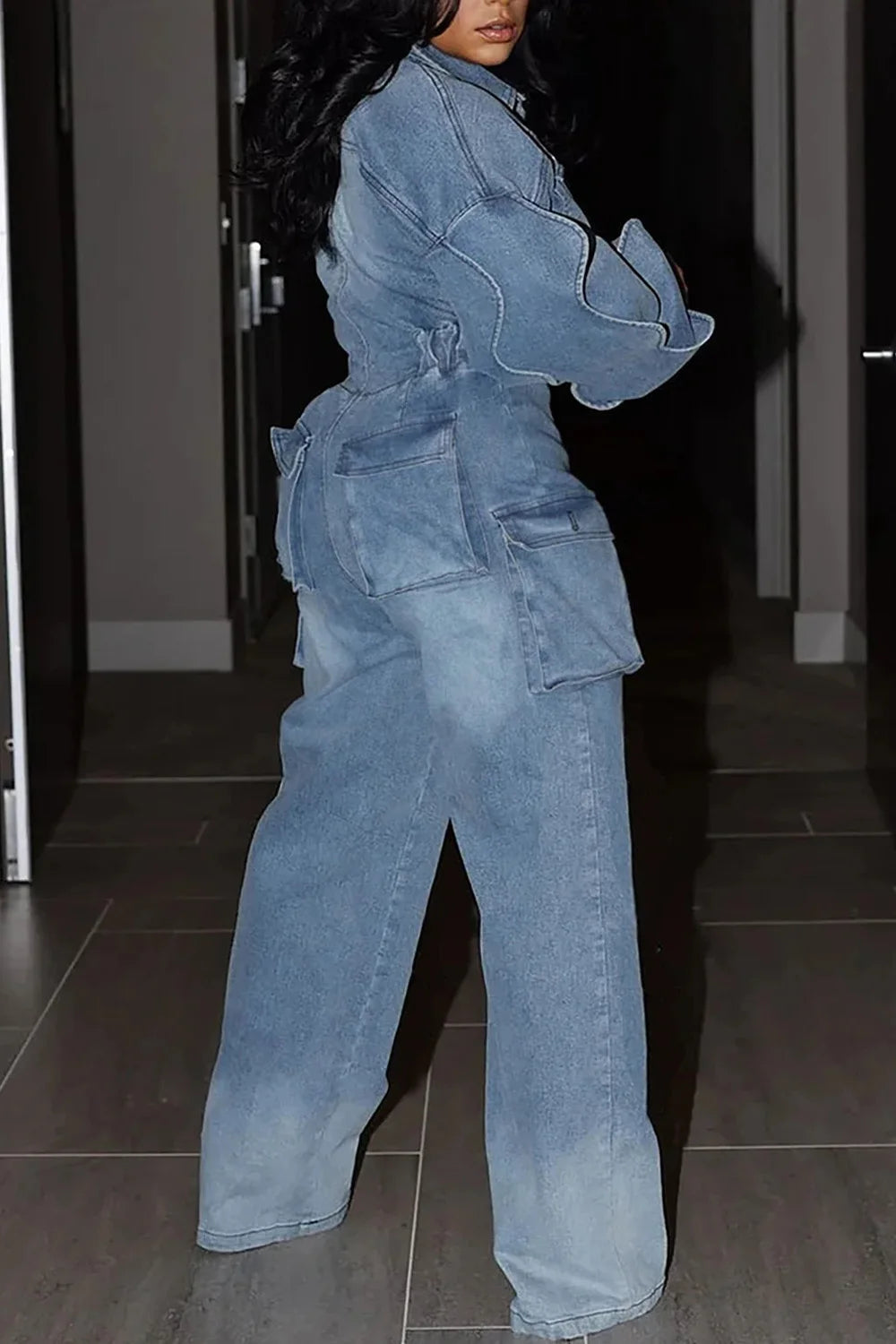 Women's Denim Cargo Jumpsuit Puff Sleeve Zipper Lantern Sleeve Jeans Harajuku Plus Size Casual Pockets Rompers Overall Outfit