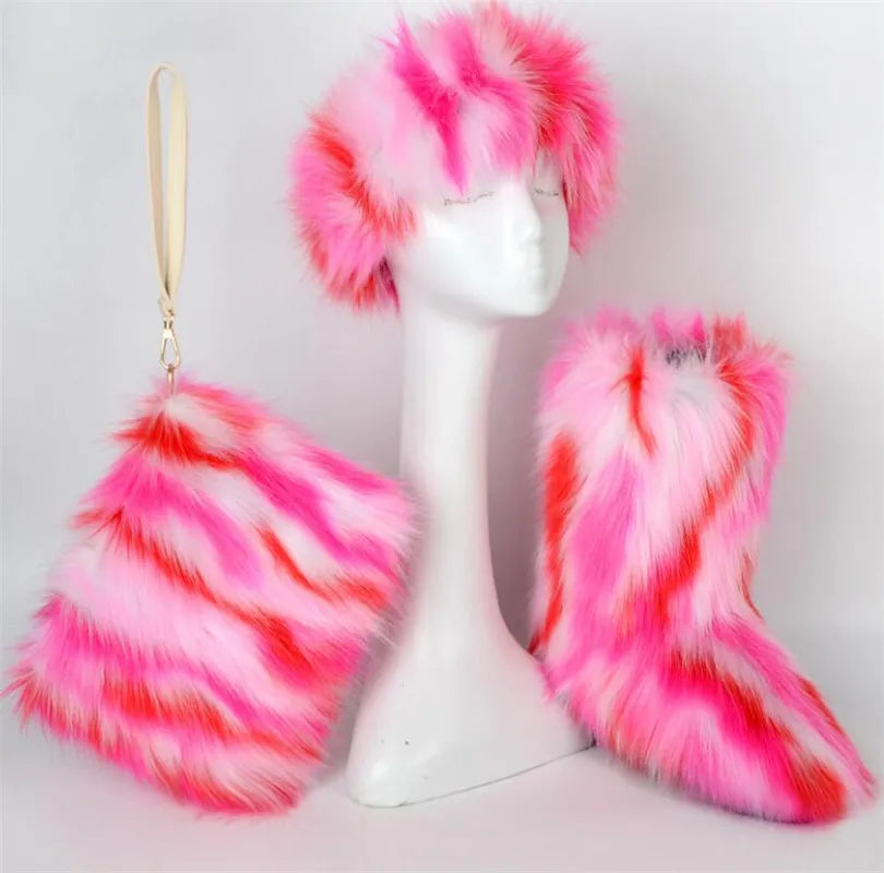 ZMPDXY Winter Furry Rainbow Furry Boots Women and Headbands with Matching Purse Headband Set Snow Boots Ladies Fur Boots Warm