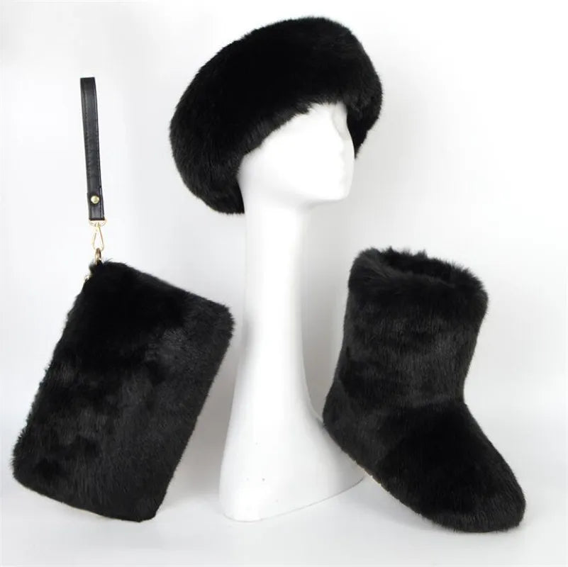 ZMPDXY Winter Furry Rainbow Furry Boots Women and Headbands with Matching Purse Headband Set Snow Boots Ladies Fur Boots Warm