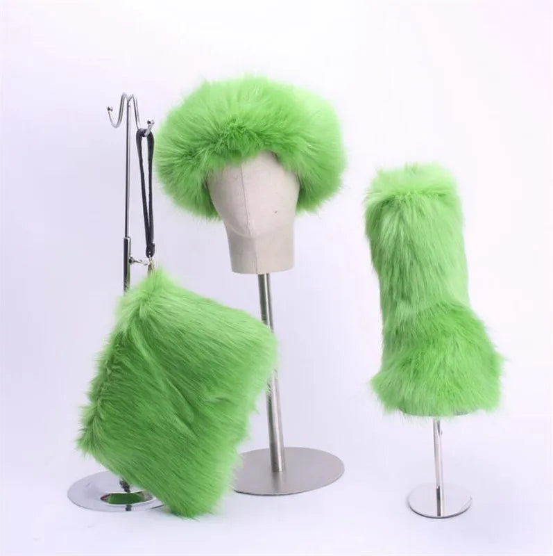 ZMPDXY Winter Furry Rainbow Furry Boots Women and Headbands with Matching Purse Headband Set Snow Boots Ladies Fur Boots Warm