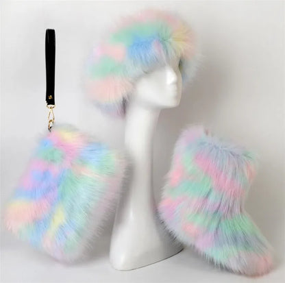 ZMPDXY Winter Furry Rainbow Furry Boots Women and Headbands with Matching Purse Headband Set Snow Boots Ladies Fur Boots Warm