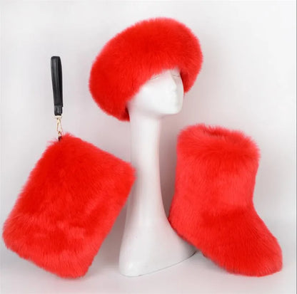 ZMPDXY Winter Furry Rainbow Furry Boots Women and Headbands with Matching Purse Headband Set Snow Boots Ladies Fur Boots Warm