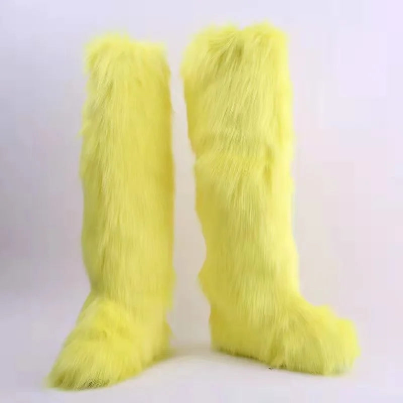 2024 Winter Thigh High Fluffy Boots Ladies Furry Faux Fox Fur Long Warm Shoes Women New Designer Plush Knee High Fur Boots Girls