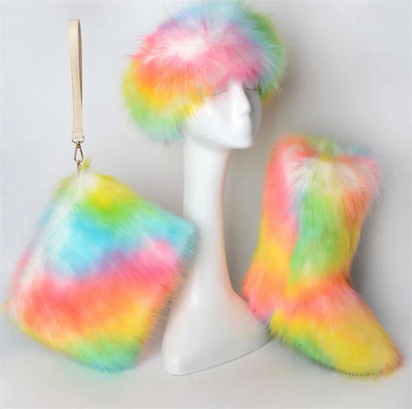 ZMPDXY Winter Furry Rainbow Furry Boots Women and Headbands with Matching Purse Headband Set Snow Boots Ladies Fur Boots Warm