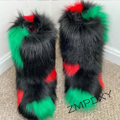 ZMPDXY Winter Furry Rainbow Furry Boots Women and Headbands with Matching Purse Headband Set Snow Boots Ladies Fur Boots Warm