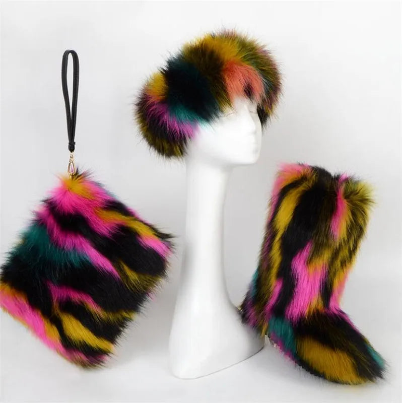 ZMPDXY Winter Furry Rainbow Furry Boots Women and Headbands with Matching Purse Headband Set Snow Boots Ladies Fur Boots Warm