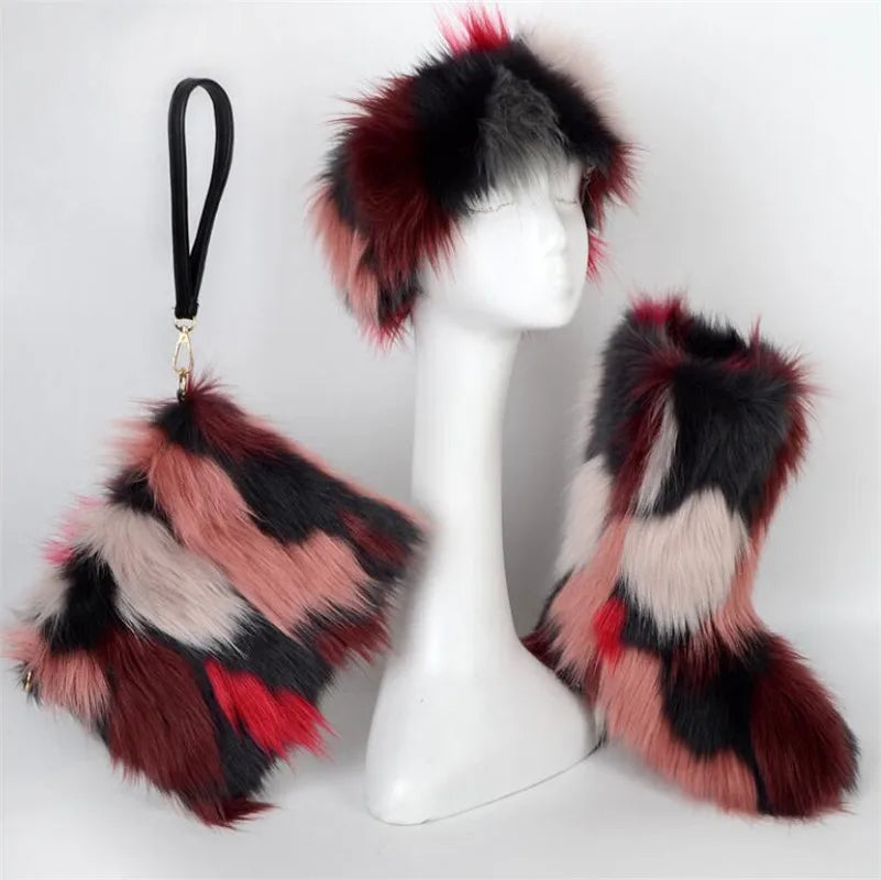 ZMPDXY Winter Furry Rainbow Furry Boots Women and Headbands with Matching Purse Headband Set Snow Boots Ladies Fur Boots Warm