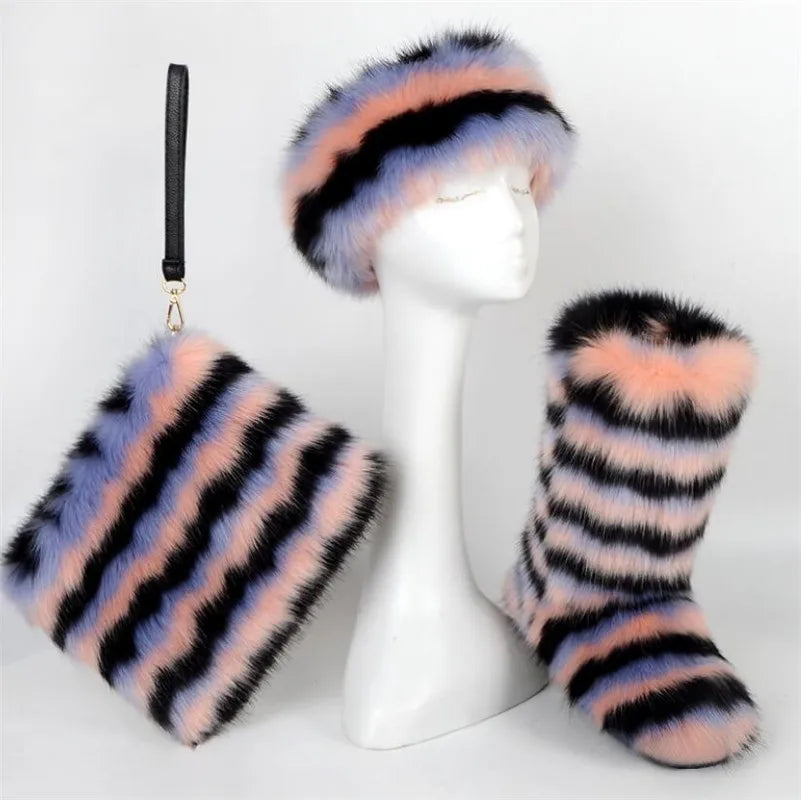 ZMPDXY Winter Furry Rainbow Furry Boots Women and Headbands with Matching Purse Headband Set Snow Boots Ladies Fur Boots Warm