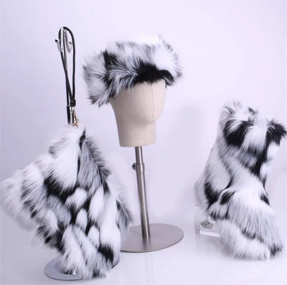 ZMPDXY Winter Furry Rainbow Furry Boots Women and Headbands with Matching Purse Headband Set Snow Boots Ladies Fur Boots Warm