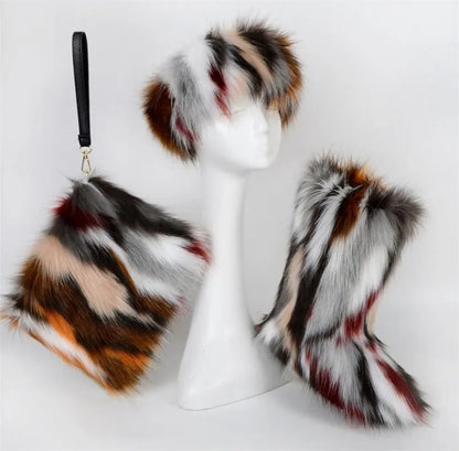 ZMPDXY Winter Furry Rainbow Furry Boots Women and Headbands with Matching Purse Headband Set Snow Boots Ladies Fur Boots Warm