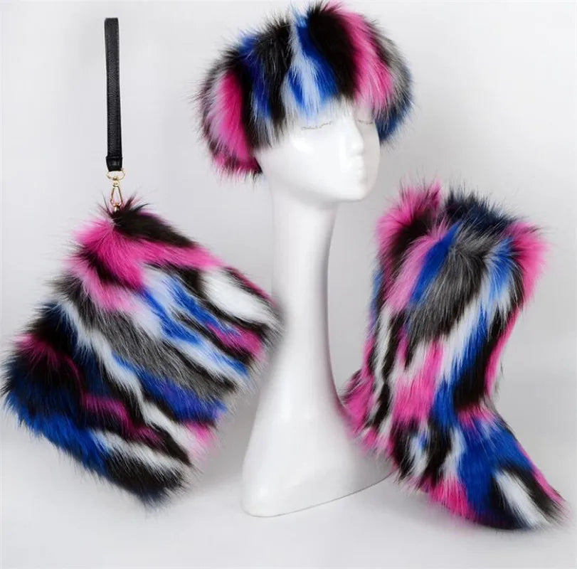 ZMPDXY Winter Furry Rainbow Furry Boots Women and Headbands with Matching Purse Headband Set Snow Boots Ladies Fur Boots Warm