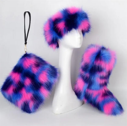 ZMPDXY Winter Furry Rainbow Furry Boots Women and Headbands with Matching Purse Headband Set Snow Boots Ladies Fur Boots Warm