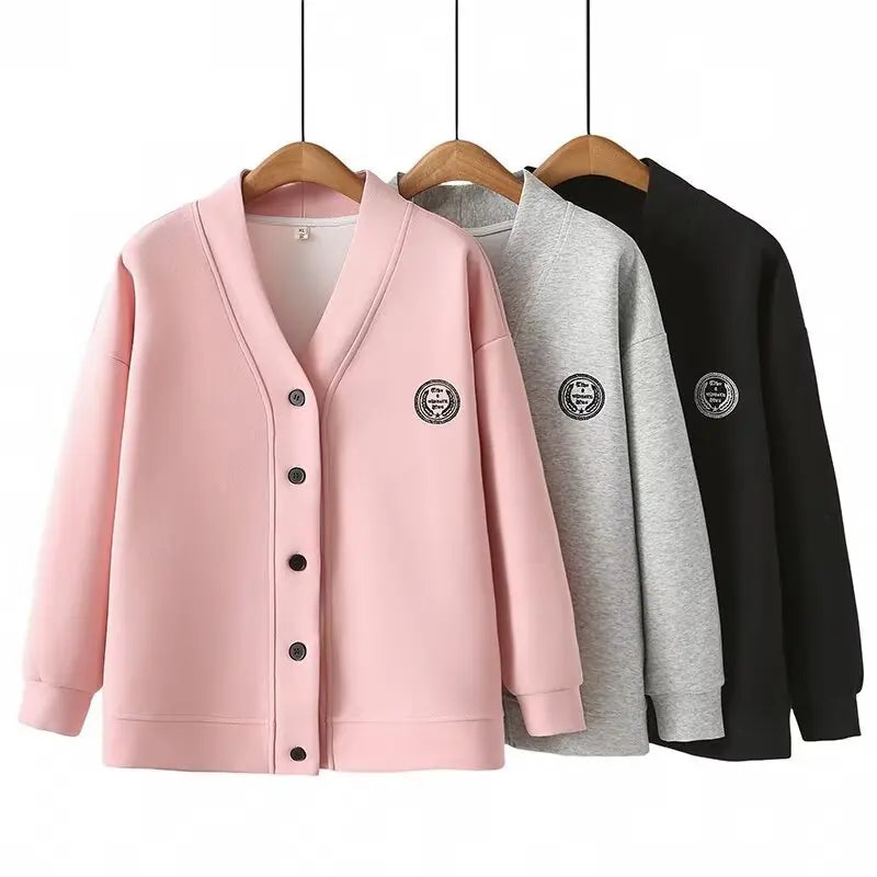 Vintage V-neck Hoodie Cardigan Women Coat Spring/Autumn Plus Size Loose Long Sleeve Baseball Jacket 931