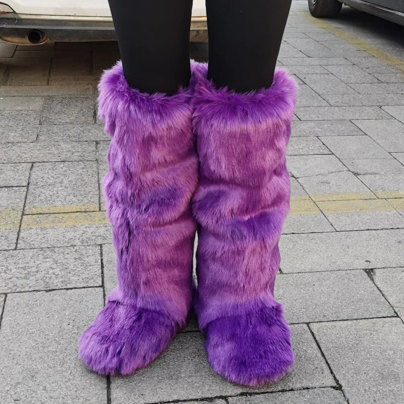 2024 Winter Thigh High Fluffy Boots Ladies Furry Faux Fox Fur Long Warm Shoes Women New Designer Plush Knee High Fur Boots Girls