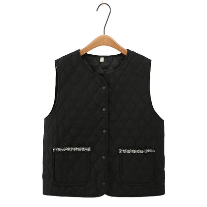 Plus Size Women's Clothing Spring And Autumn Vest Collarless And Sleeveless Solid Color Diamond Check Quilted Lightweight Jacket