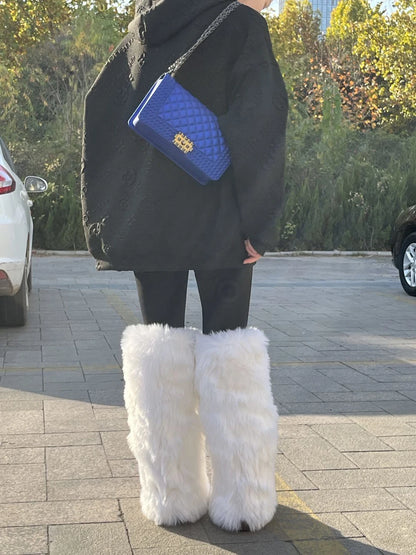 2024 Winter Thigh High Fluffy Boots Ladies Furry Faux Fox Fur Long Warm Shoes Women New Designer Plush Knee High Fur Boots Girls