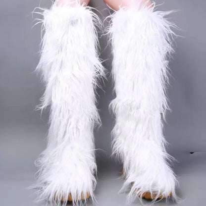 2024 Winter Thigh High Fluffy Boots Ladies Furry Faux Fox Fur Long Warm Shoes Women New Designer Plush Knee High Fur Boots Girls