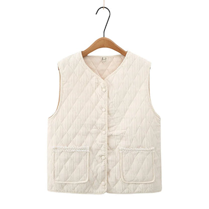 Plus Size Women's Clothing Spring And Autumn Vest Collarless And Sleeveless Solid Color Diamond Check Quilted Lightweight Jacket