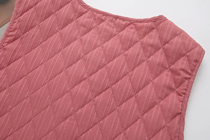 Plus Size Women's Clothing Spring And Autumn Vest Collarless And Sleeveless Solid Color Diamond Check Quilted Lightweight Jacket