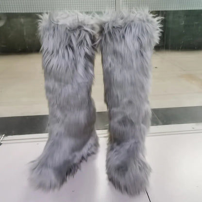 2024 Winter Thigh High Fluffy Boots Ladies Furry Faux Fox Fur Long Warm Shoes Women New Designer Plush Knee High Fur Boots Girls