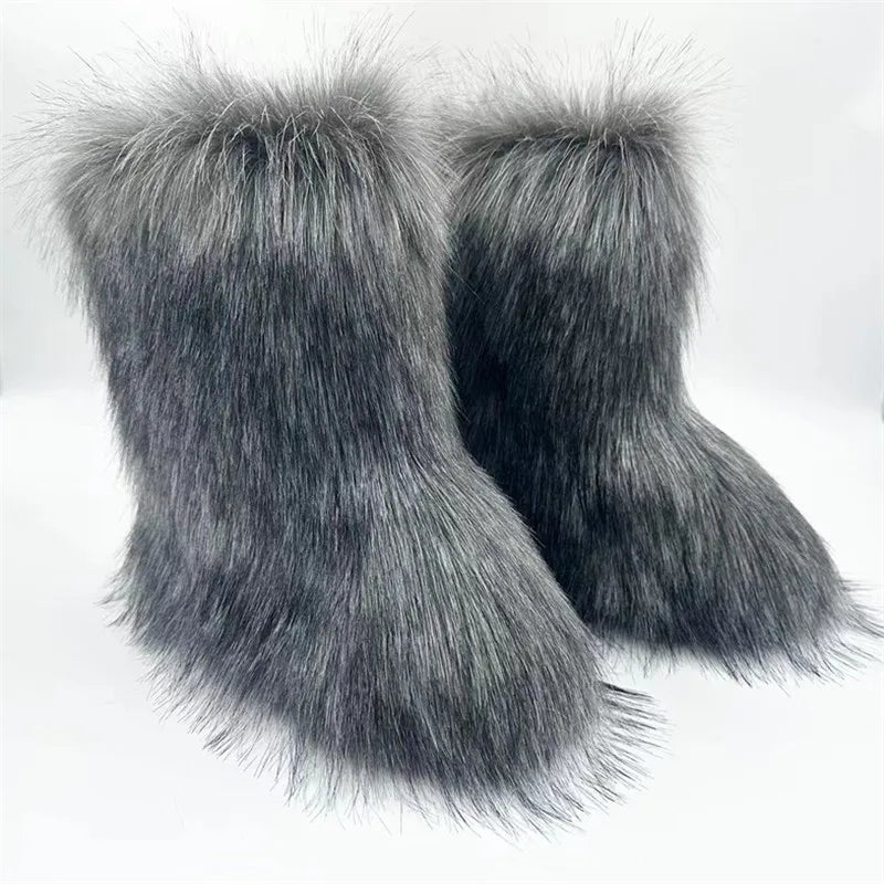 2024 Winter Thigh High Fluffy Boots Ladies Furry Faux Fox Fur Long Warm Shoes Women New Designer Plush Knee High Fur Boots Girls