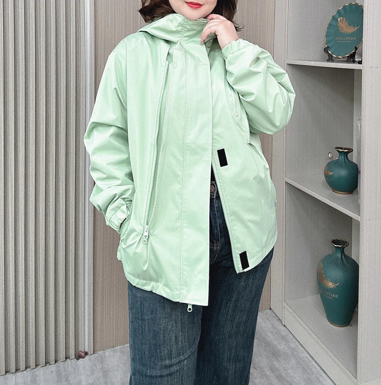 Outdoor Jacket Lovers Plus Size Women Autumn New Loose Leisure Weatherproof Rainning Proof Hooded Zipper Trench Coat 2275