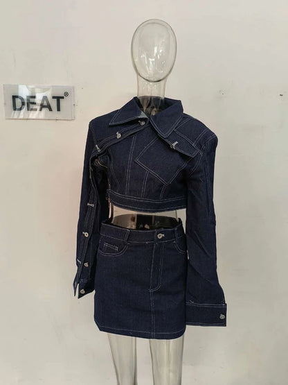 DEAT Vintage Denim Two Piece Set For Women Button Long Sleeve Lapel Jacket Single Button Mini Skirt Autumn 2024 Female 11XX5434