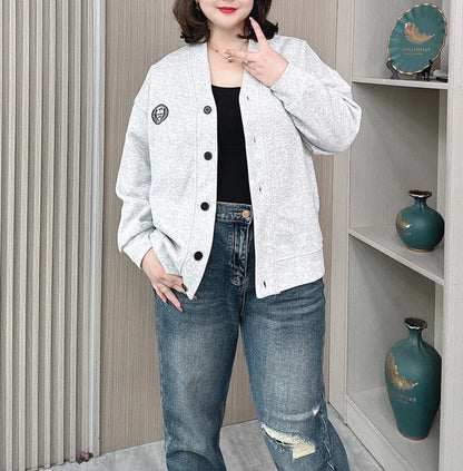 Vintage V-neck Hoodie Cardigan Women Coat Spring/Autumn Plus Size Loose Long Sleeve Baseball Jacket 931