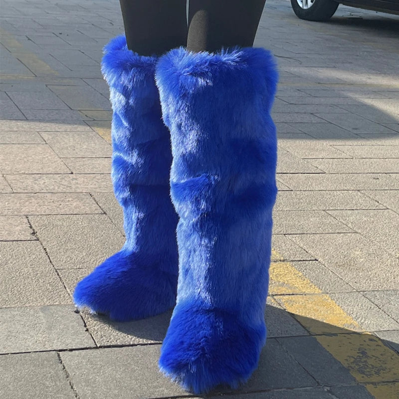 2024 Winter Thigh High Fluffy Boots Ladies Furry Faux Fox Fur Long Warm Shoes Women New Designer Plush Knee High Fur Boots Girls