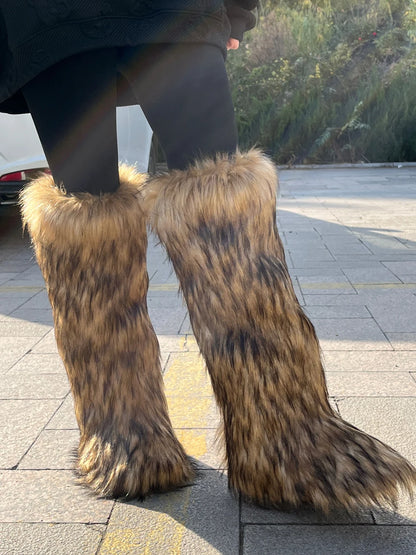 2024 Winter Thigh High Fluffy Boots Ladies Furry Faux Fox Fur Long Warm Shoes Women New Designer Plush Knee High Fur Boots Girls