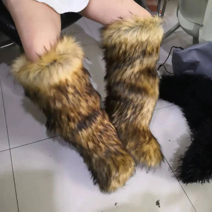 2024 Winter Thigh High Fluffy Boots Ladies Furry Faux Fox Fur Long Warm Shoes Women New Designer Plush Knee High Fur Boots Girls