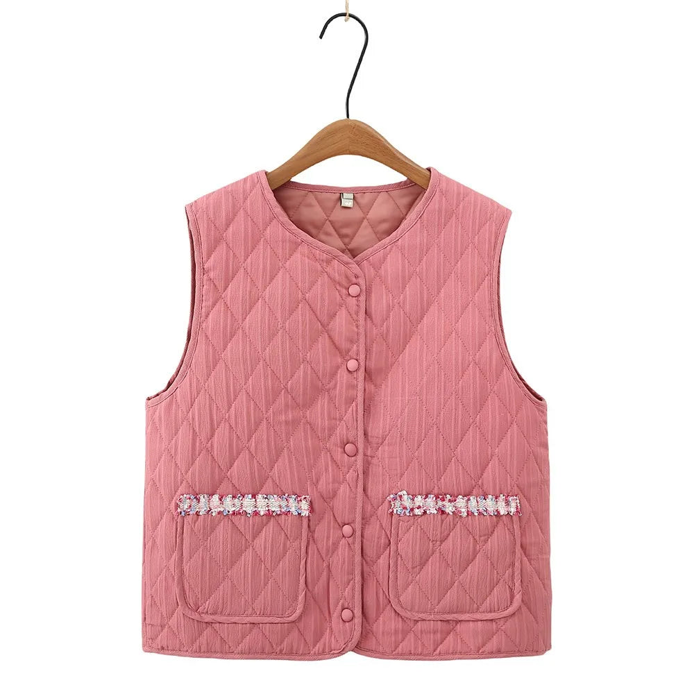 Plus Size Women's Clothing Spring And Autumn Vest Collarless And Sleeveless Solid Color Diamond Check Quilted Lightweight Jacket