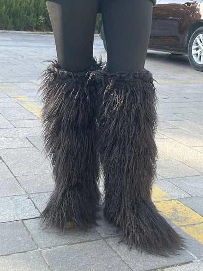 2024 Winter Thigh High Fluffy Boots Ladies Furry Faux Fox Fur Long Warm Shoes Women New Designer Plush Knee High Fur Boots Girls