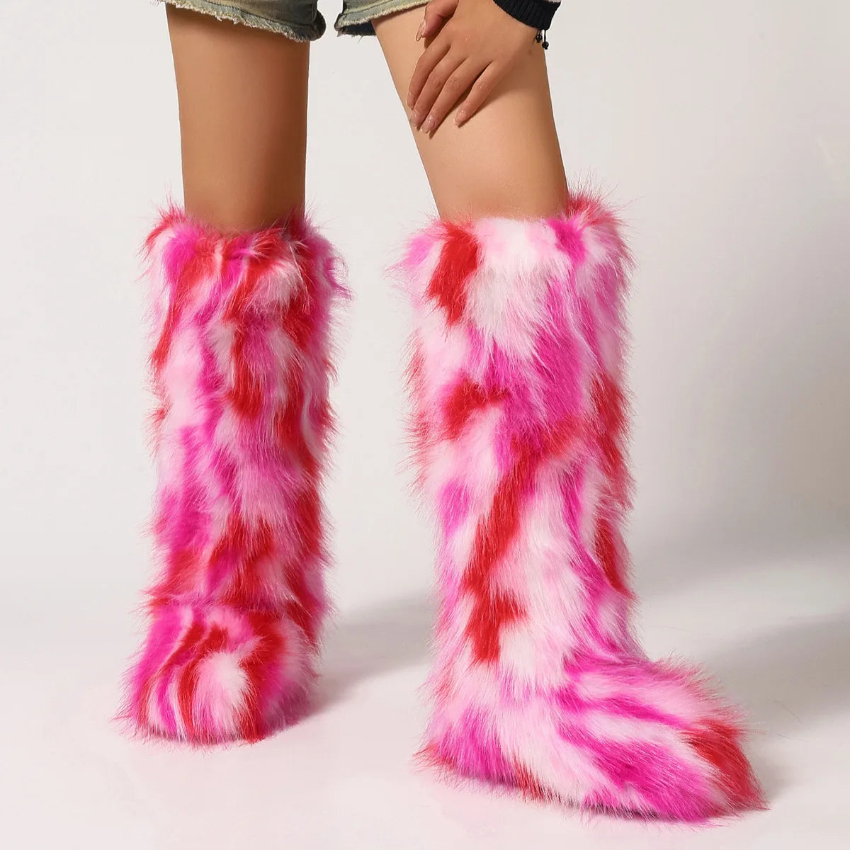 2024 Winter Thigh High Fluffy Boots Ladies Furry Faux Fox Fur Long Warm Shoes Women New Designer Plush Knee High Fur Boots Girls