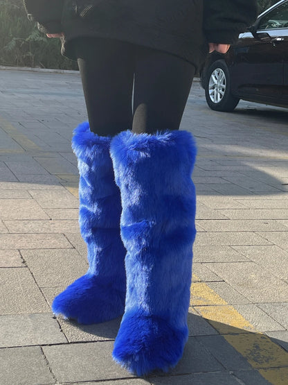 2024 Winter Thigh High Fluffy Boots Ladies Furry Faux Fox Fur Long Warm Shoes Women New Designer Plush Knee High Fur Boots Girls