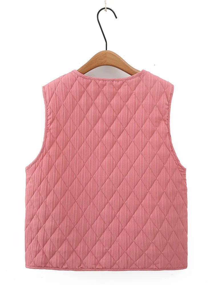 Plus Size Women's Clothing Spring And Autumn Vest Collarless And Sleeveless Solid Color Diamond Check Quilted Lightweight Jacket